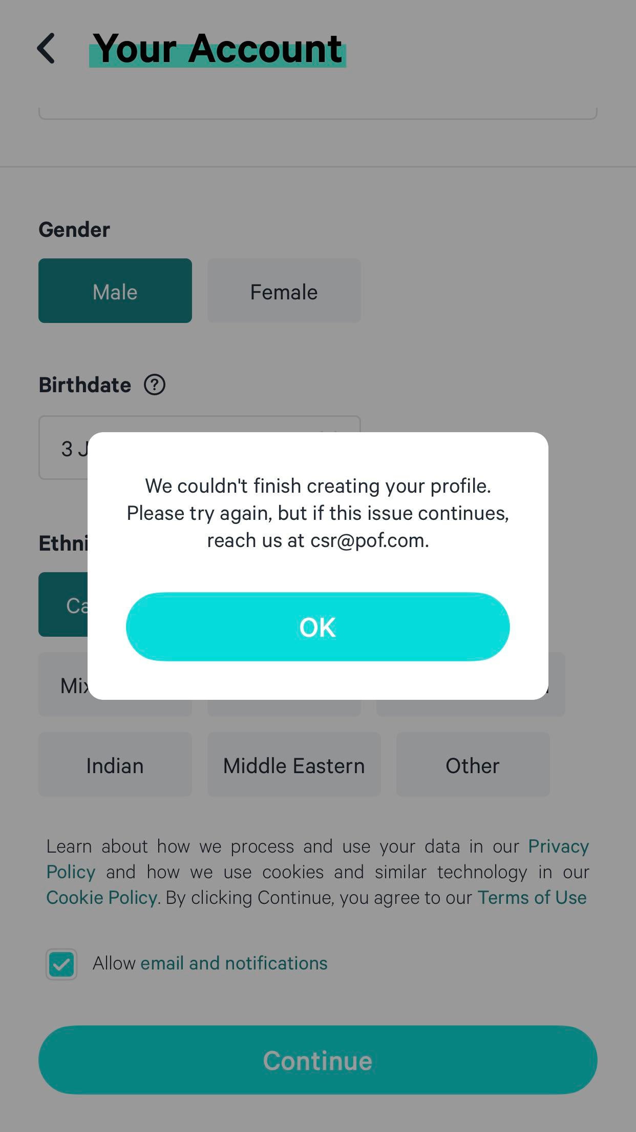 POF Been unable to create account same error message